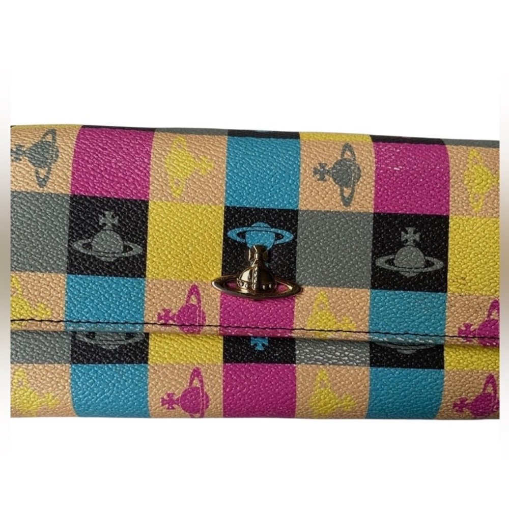 Vivian Westwood Anglomania-  Vibrant Checkered Long Wallet with Orb Design - Picture 4 of 4